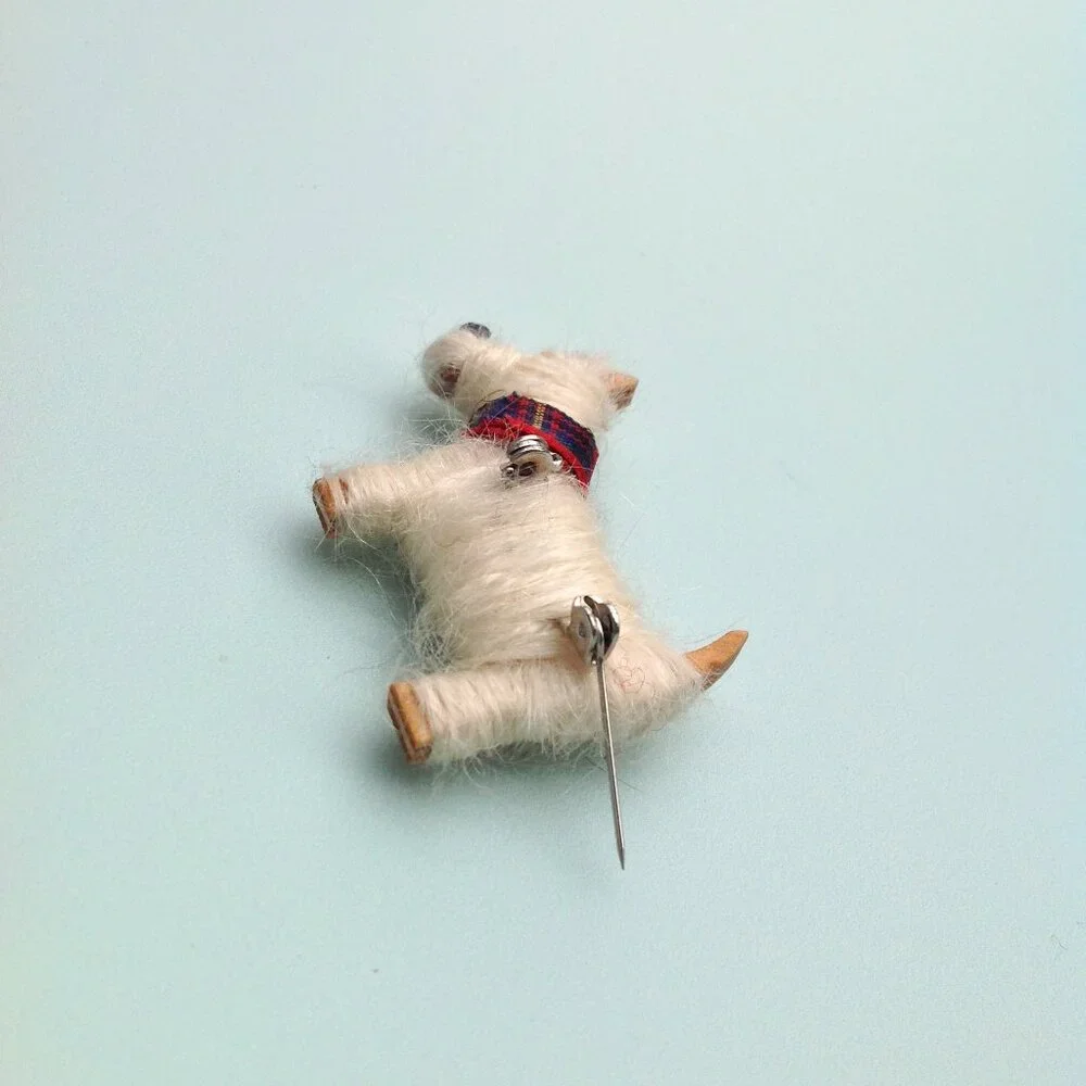 Artisan Brooch Scottish Shetland Wool, Tartan Plaid + Wood Scottie Terrier Dog
